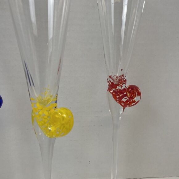 Set of 3 Murano Art Glass Cobalt Snail Escargot Crystal Champagne Flutes - Picture 3 of 9